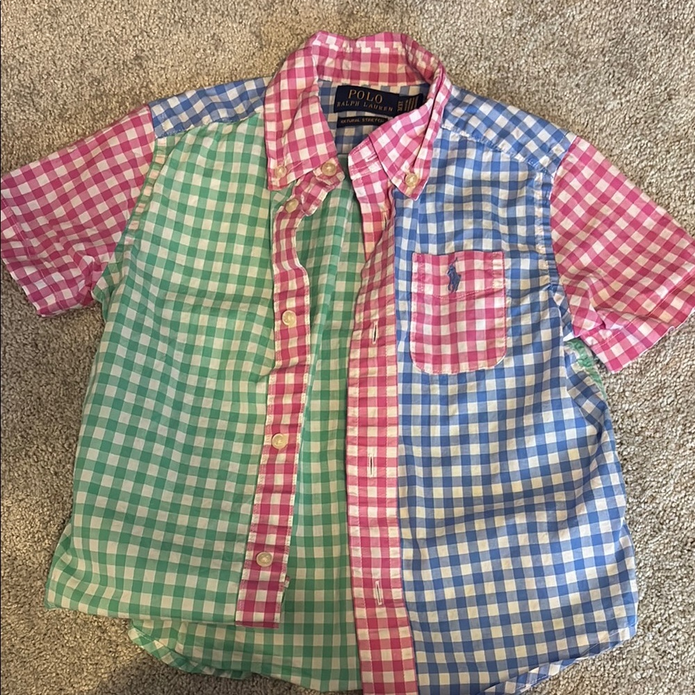 Ralph Lauren Pink and Green Button Down Shirt with Gingham Design